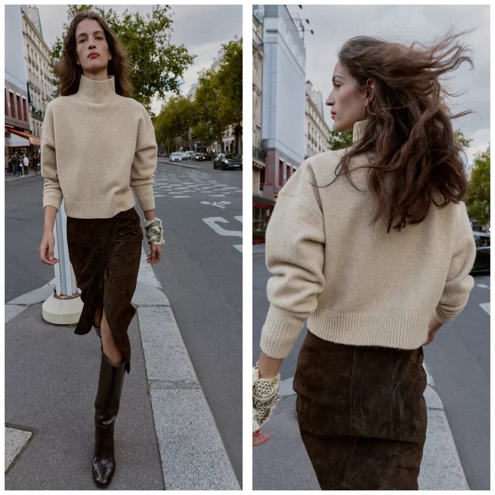 Zara Tan Soft Knit High Neck Jumper Size Small Wool Blend Oversized Classic